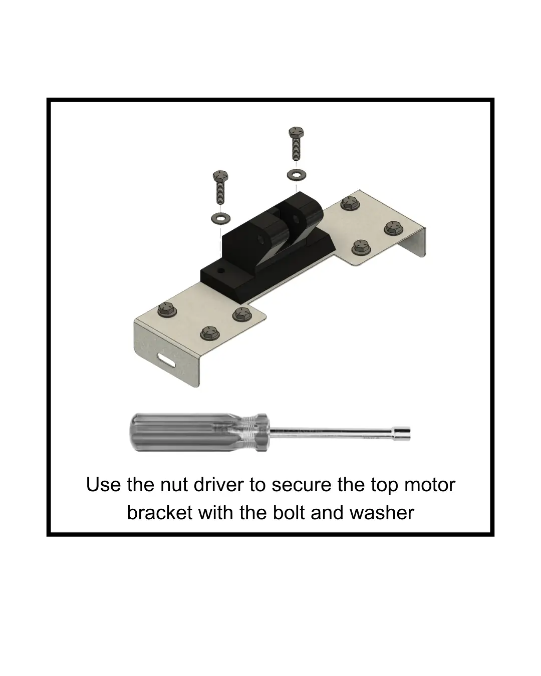The top motor bracket with its bolts and washers, and the nut driver used to tighten them