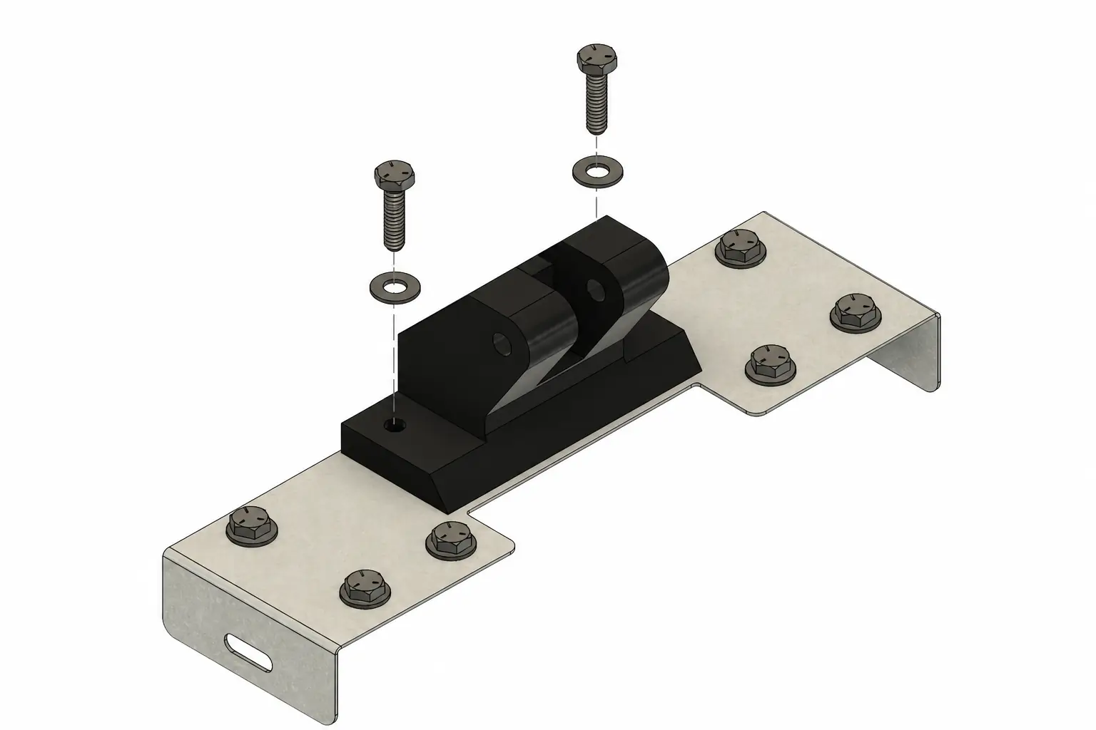 Black top motor bracket with its two removable bolts and washers