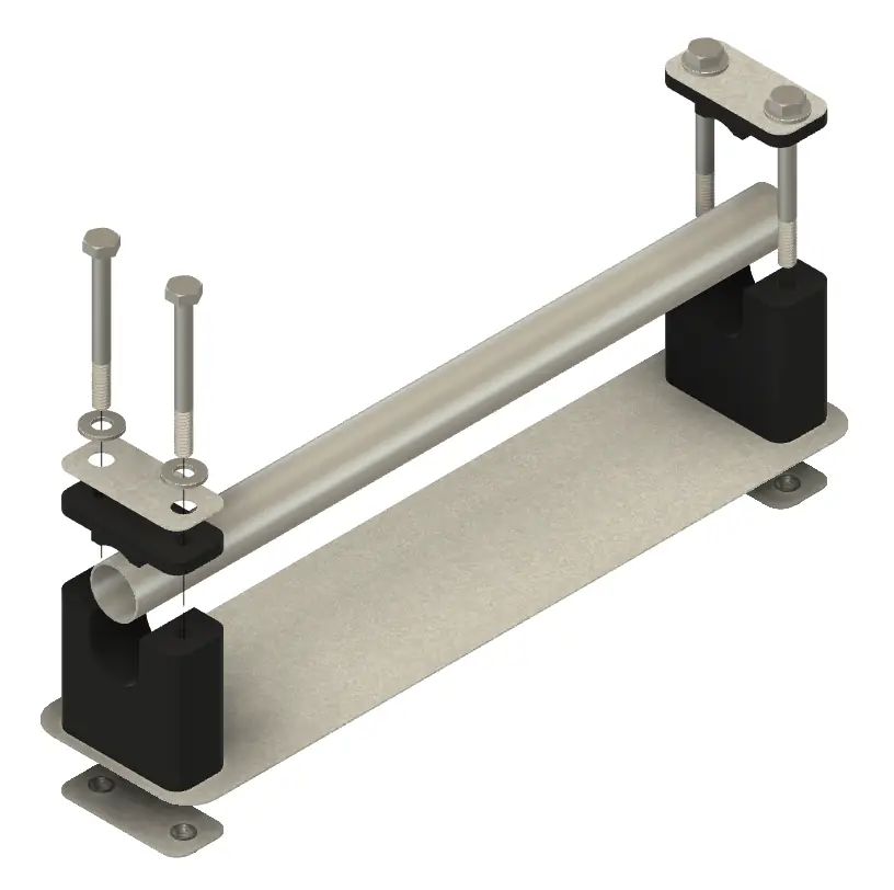 The handle parts: two handle mounts, the tube, the bottom plate, and the bolts with washers