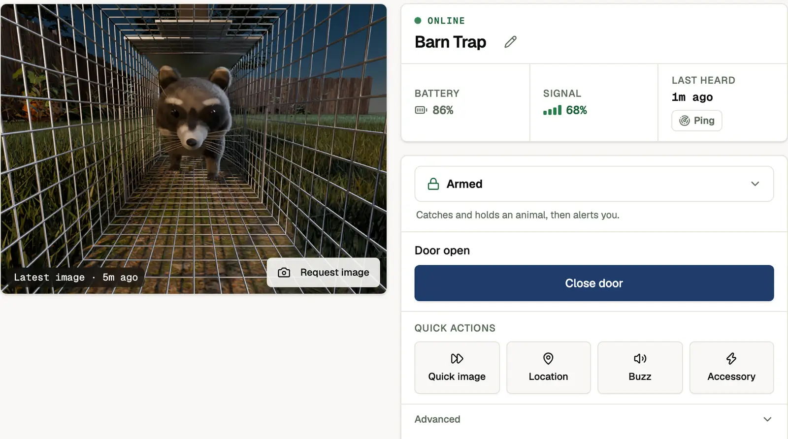 A trap's Overview on the web: the latest photo with Request image on it, and Quick image in the Quick actions row of the controls