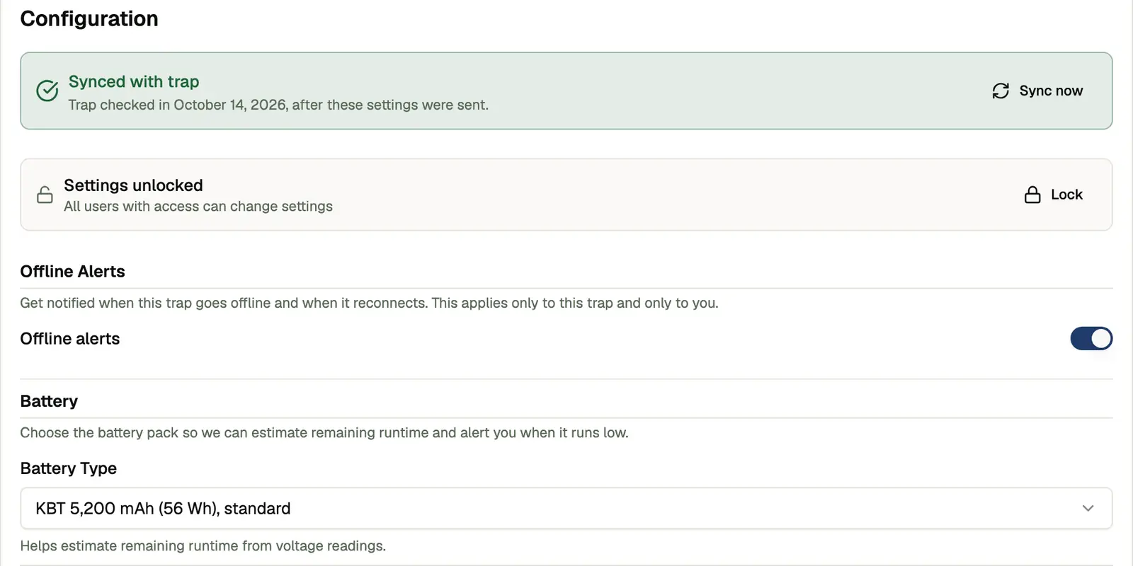 The top of a trap's Settings tab on the web: the Synced with trap status with Sync now, the settings lock, Offline Alerts and Battery
